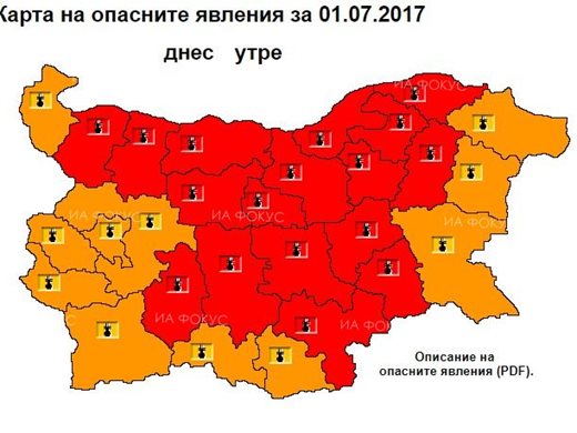 До 44° утре, обявен е червен код в 17 области за опасно горещо време