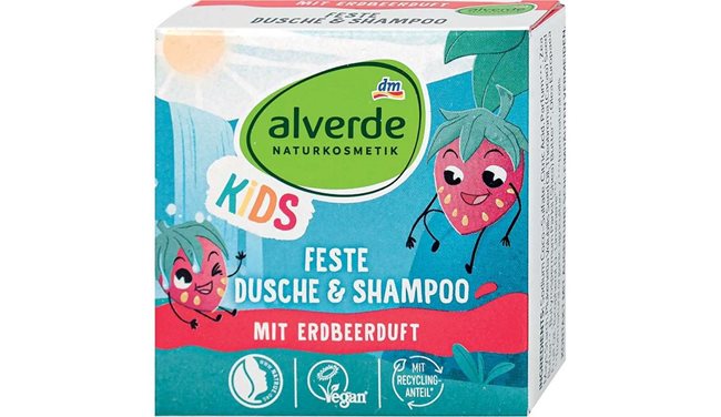 аlverde Kids Детски твърд душ гел и шампоан, с аромат на ягода, 60 g