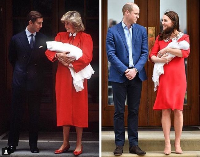 Принцеса Даяна и принц Чарлз след раждането на принц Хари. Принц Уилям и Кейт при изписването на новородения им син Колаж: Инстаграм/ instylemagazine