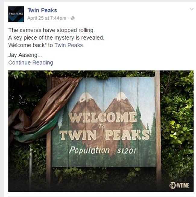 Факсимиле: Фейсбук страницата на "Twin Peaks"