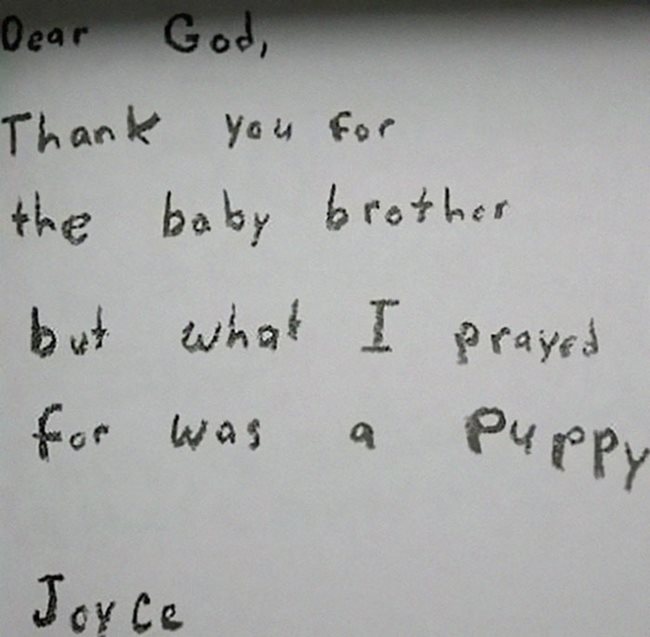 Бележка до родителите с надпис: "Благодаря ви за братчето, но всичко, за което се молих, бе кученце."