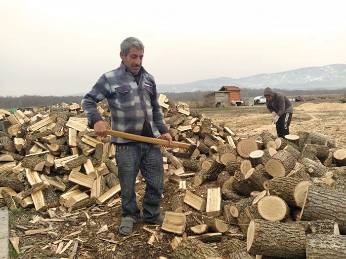 48-годишният Асен Керимов цял ден реже, цепе и подрежда в палети дърва за огрев. Снимки: Авторът